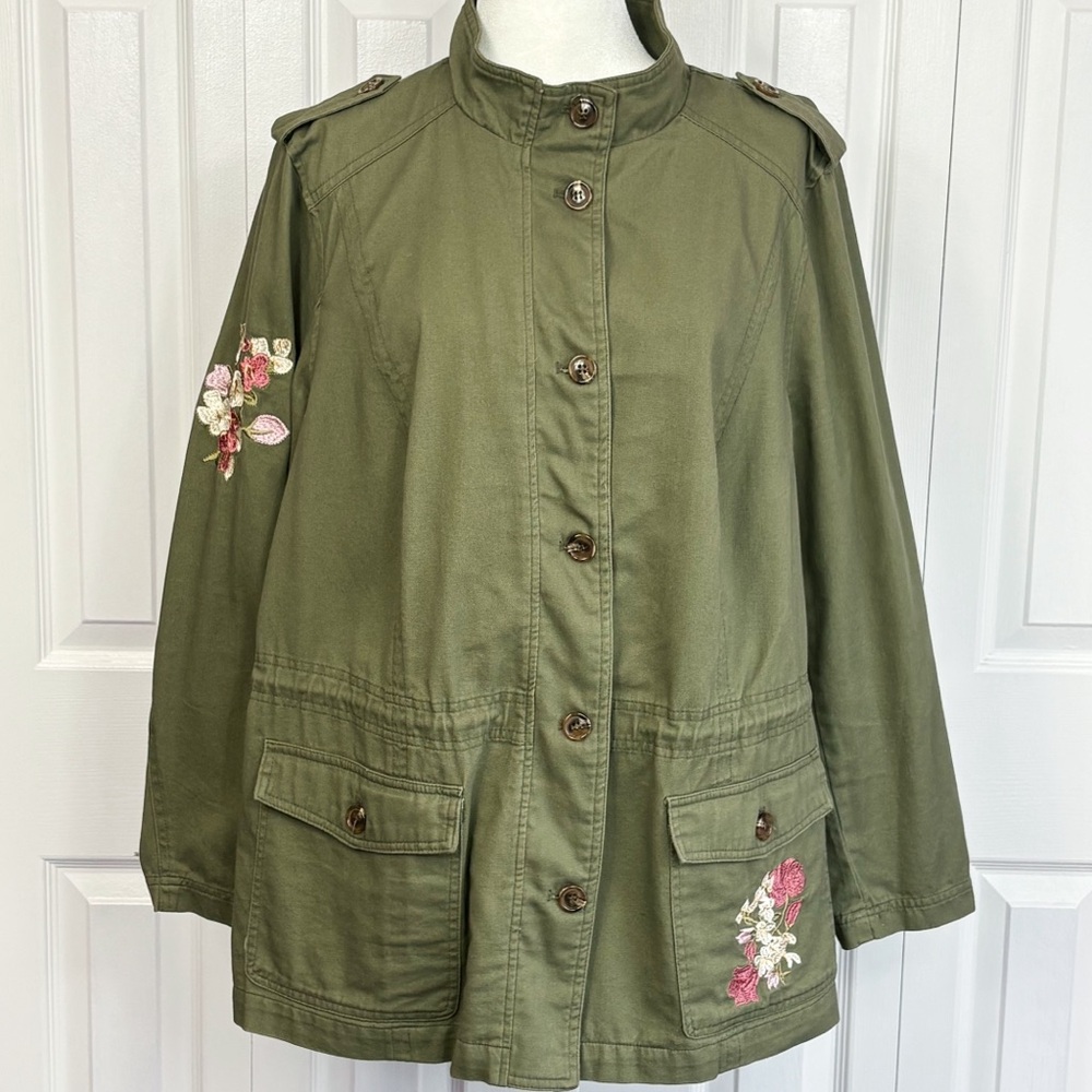 Westport 1962 Olive Green Floral Embroidered Boho Casual Utility Jacket 1X